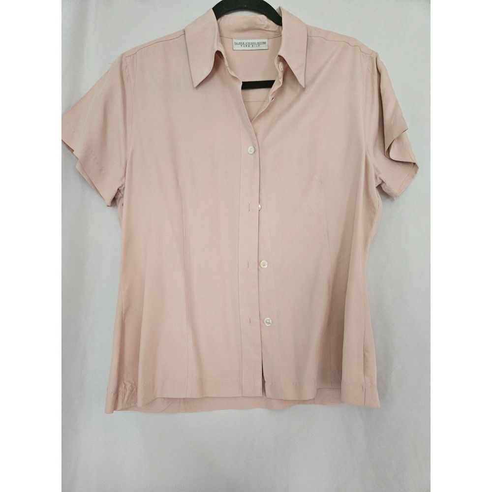 Vtg 90s Silk Pink/Cream Button Up Blouse Valerie Stevens Tailored Size 10P